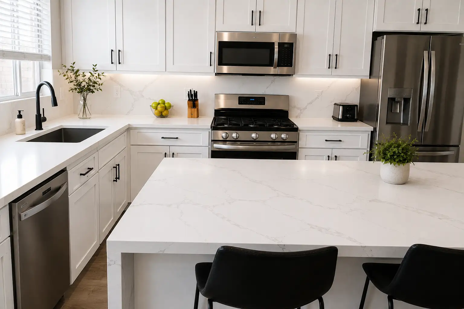 Kitchen Remodeling Phoenix AZ after premium quartz countertop installation with a matching backsplash and elegant modern finishes.