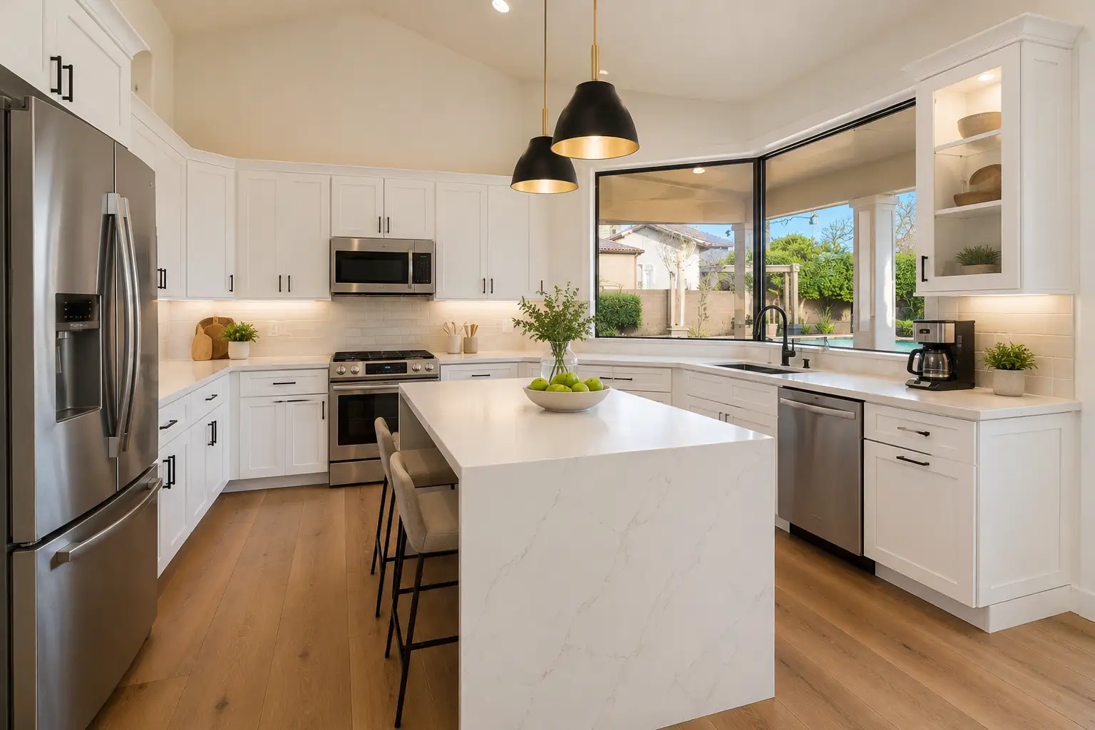 Kitchen Remodeling Scottsdale AZ after luxury kitchen remodel featuring custom white cabinets, quartz countertops, waterfall island, hardwood flooring, and premium appliances