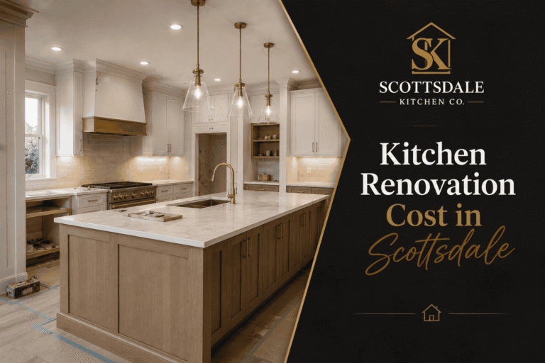 Luxury kitchen renovation in Scottsdale, AZ showing a nearly completed modern remodel with custom cabinetry, quartz countertops, and kitchen island by Scottsdale Kitchen Co.