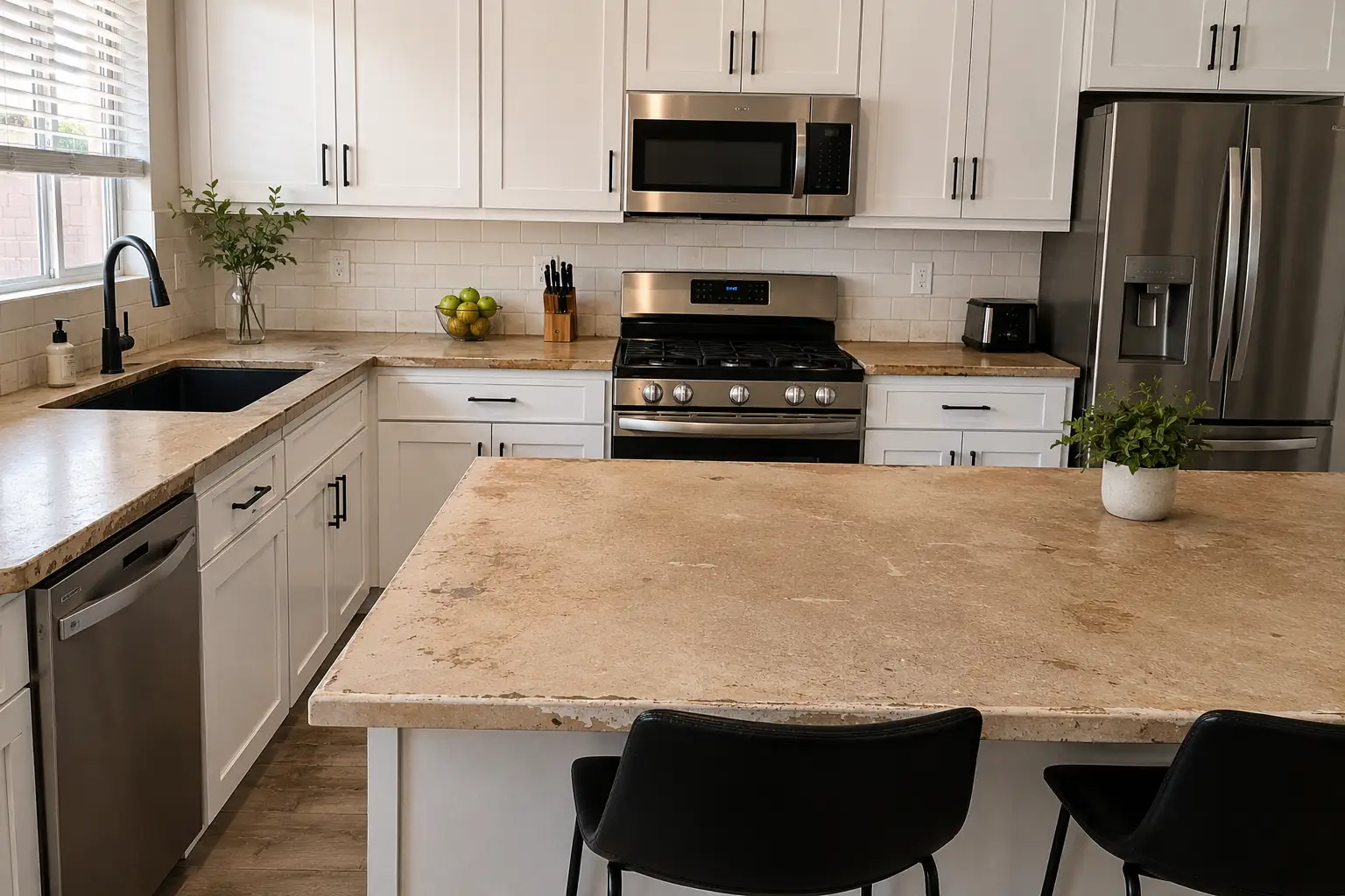 Kitchen Remodeling Phoenix AZ before countertop replacement with scratched laminate surfaces and outdated kitchen finishes.