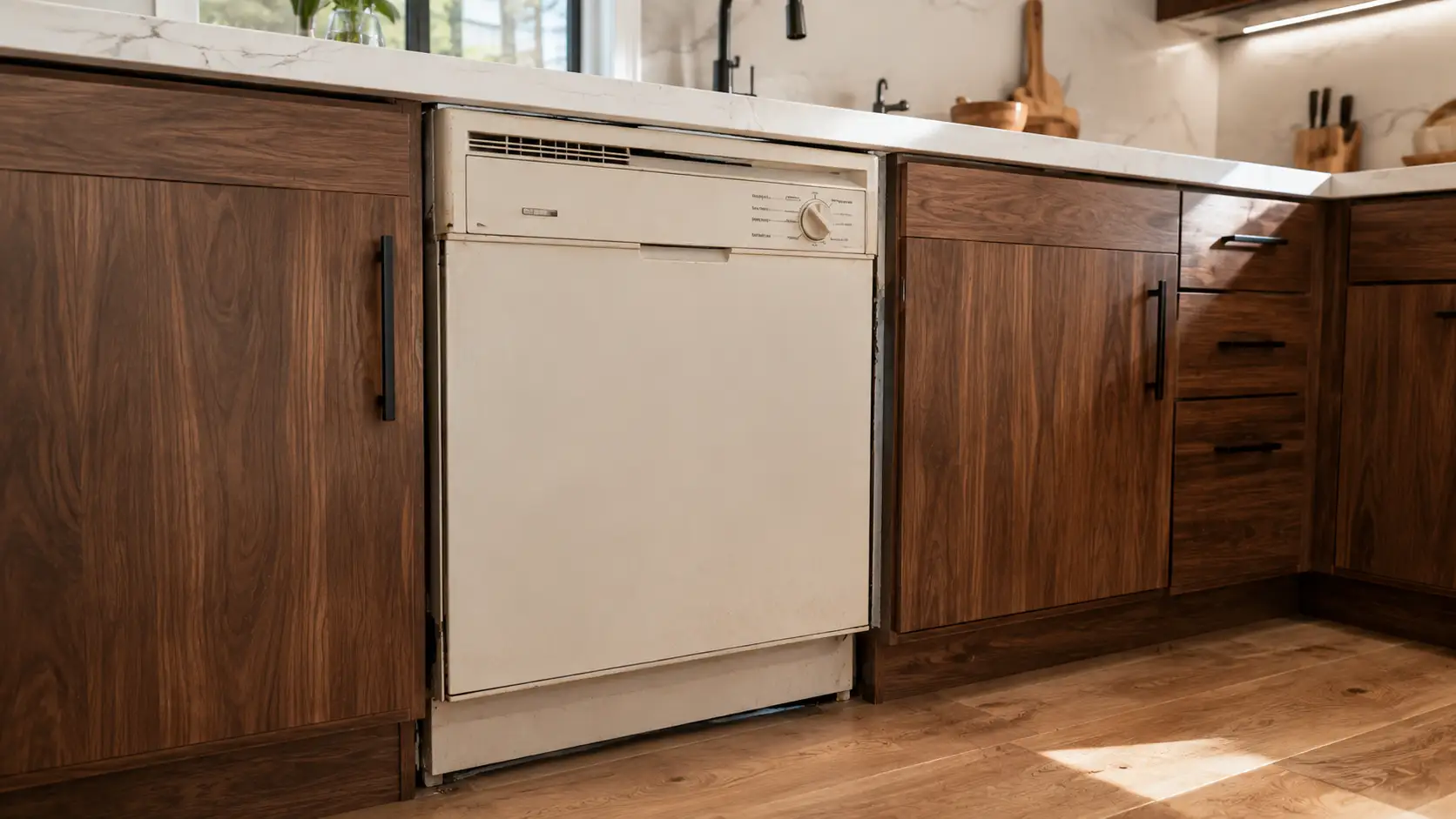 Old dishwasher with uneven fitting before professional installation in a Phoenix, AZ kitchen