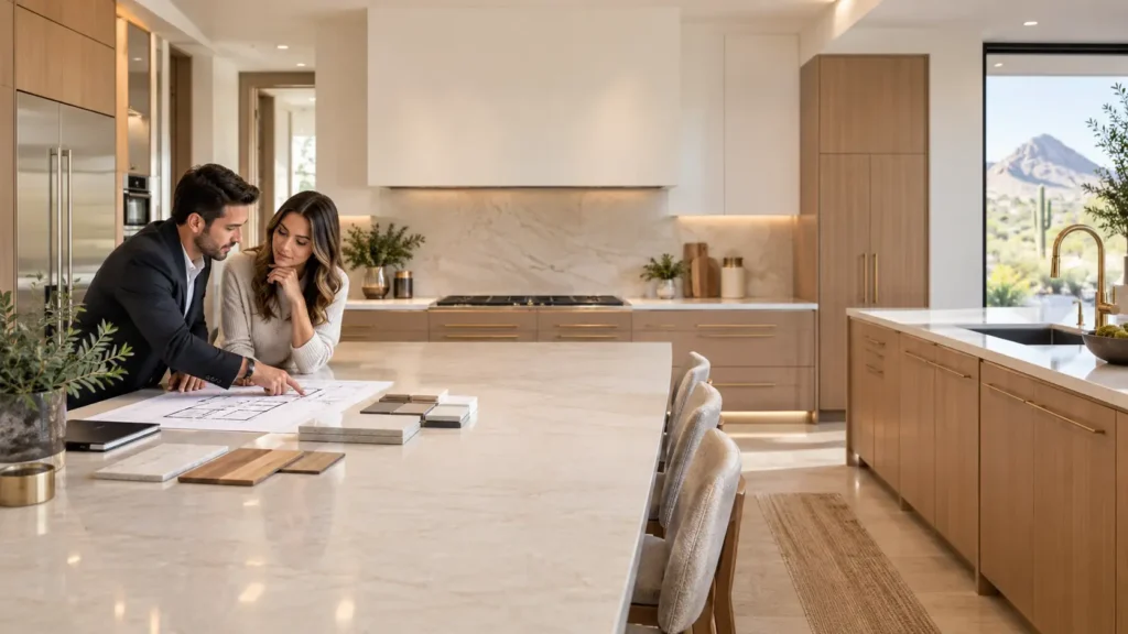 Kitchen design consultation with homeowner reviewing kitchen plans and material samples