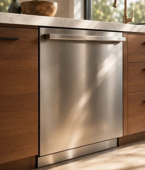 Professional dishwasher installation in Scottsdale, AZ with a perfectly integrated built-in design and custom cabinetry.