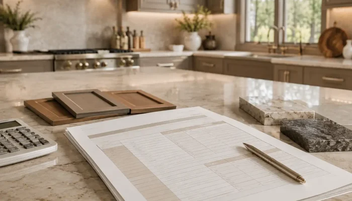 Kitchen design consultation pricing estimate with cabinet and natural stone samples on a luxury kitchen island in Scottsdale, Arizona.
