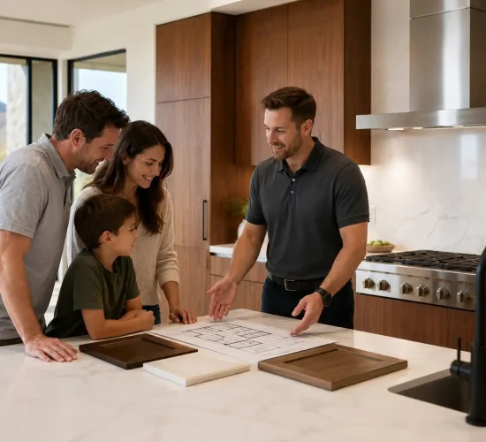 Kitchen remodeling consultation in Scottsdale AZ with a remodeling expert discussing a custom kitchen renovation with homeowners